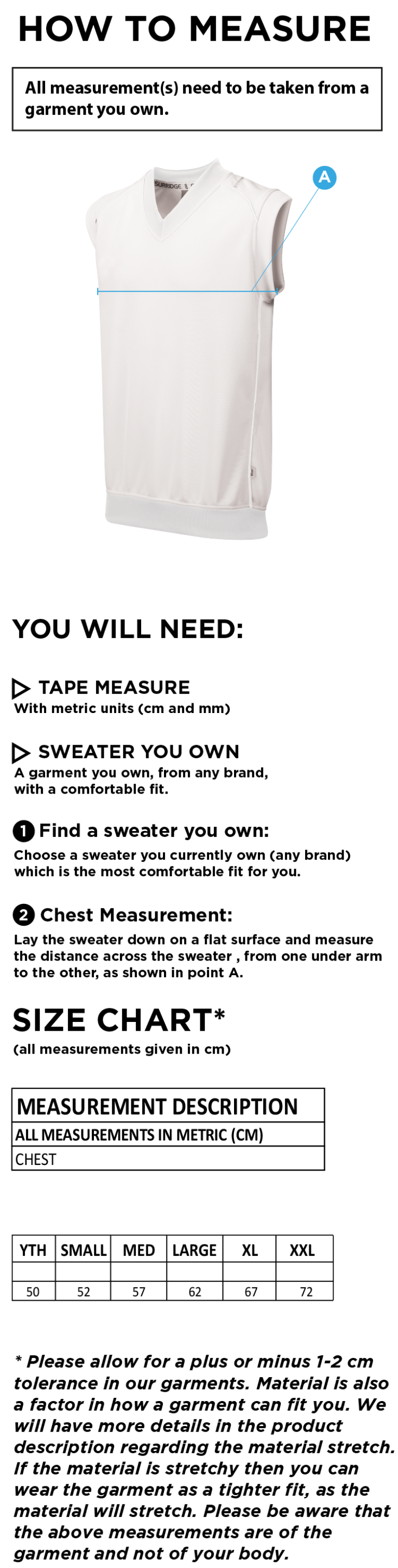 Claverdon Cricket Club Sleeveless Sweater - Size Guide