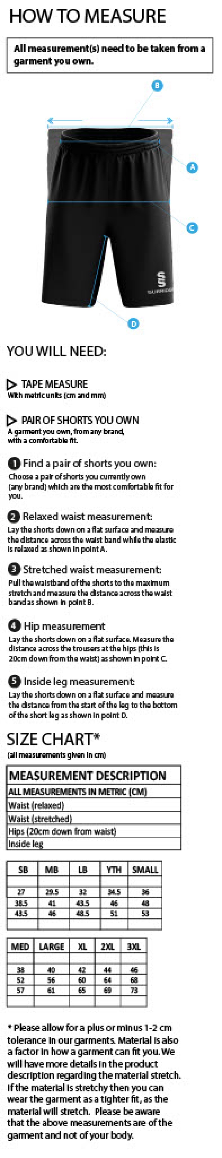 Claverdon Cricket Club Women's Ripstop Training Shorts - Size Guide