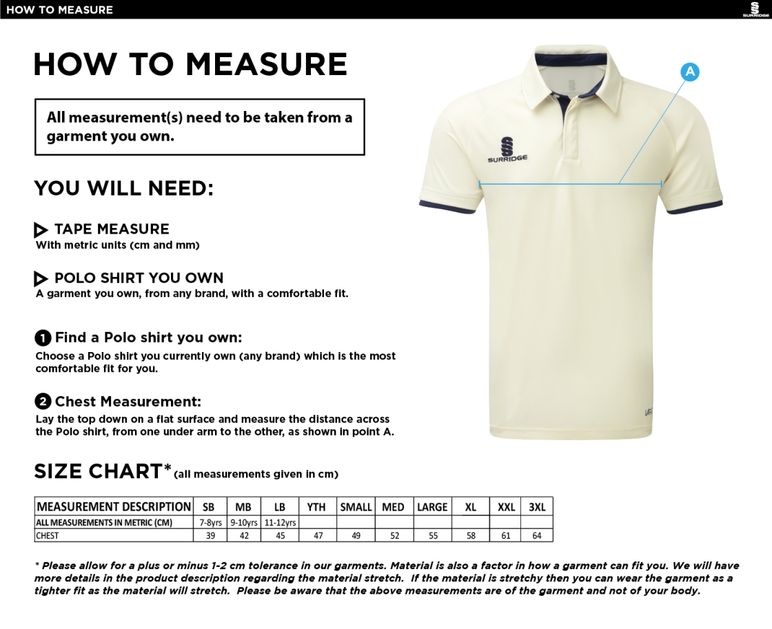 Claverdon Cricket Club S/S Tek Shirt - Size Guide