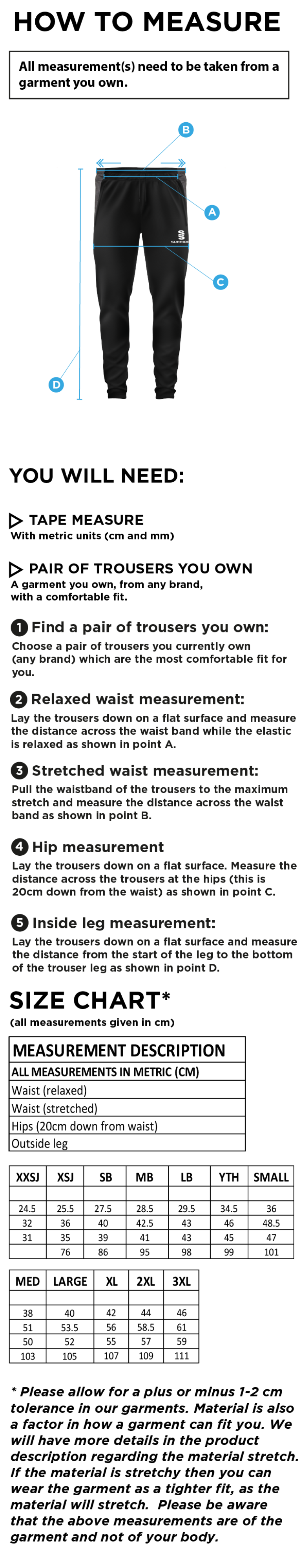 Claverdon Cricket Club Tek Skinny Pants - Size Guide