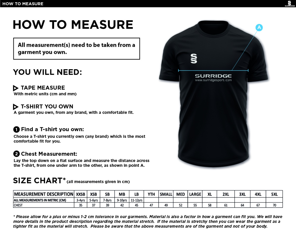 Claverdon Cricket Club Blade Polo Shirt - Size Guide