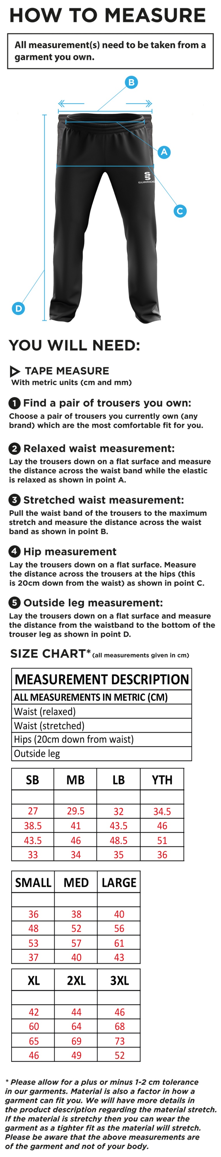 Claverdon CC Ripstop Track Pant Black - Size Guide