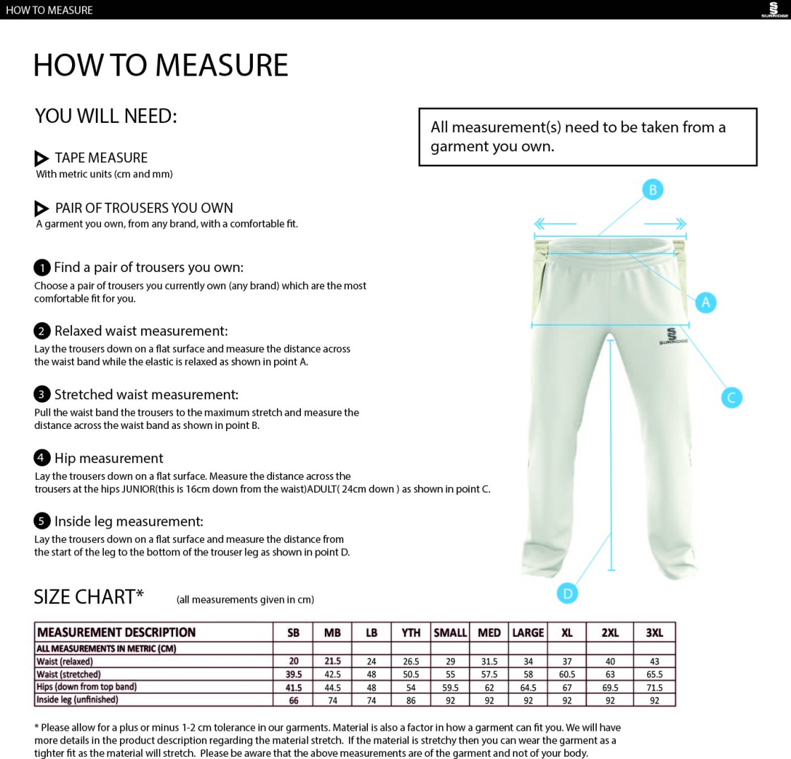 Claverdon Cricket Club Pro Trousers - Size Guide