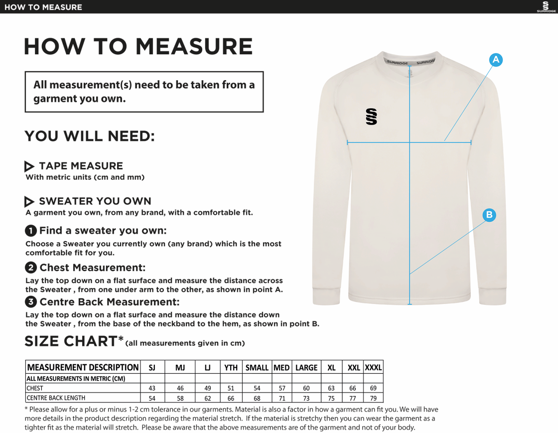 CLAVERDON CC Blast Long Sleeve Cricket Sweater - Size Guide