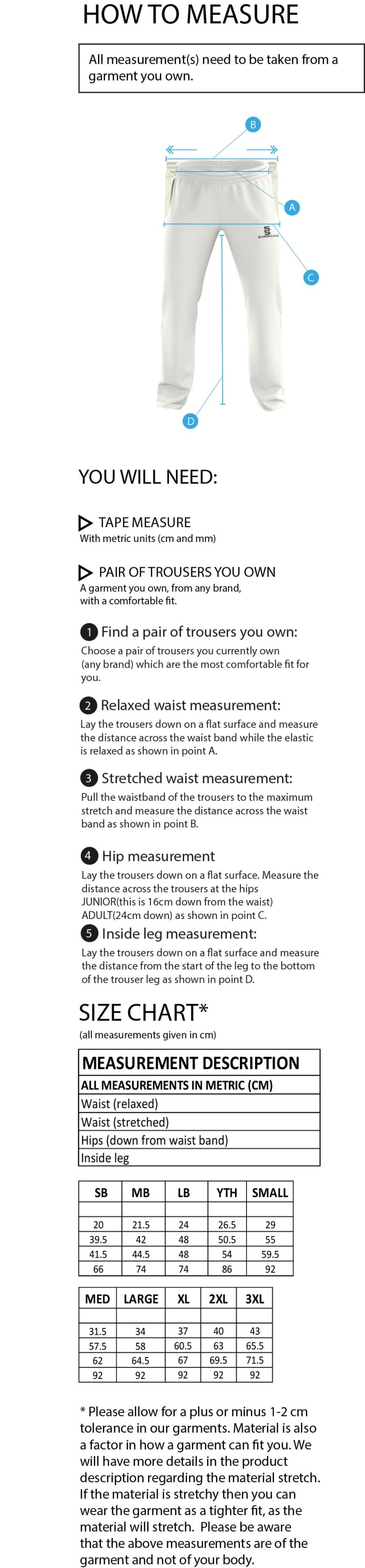 Claverdon Cricket Club Pro Trousers - Size Guide