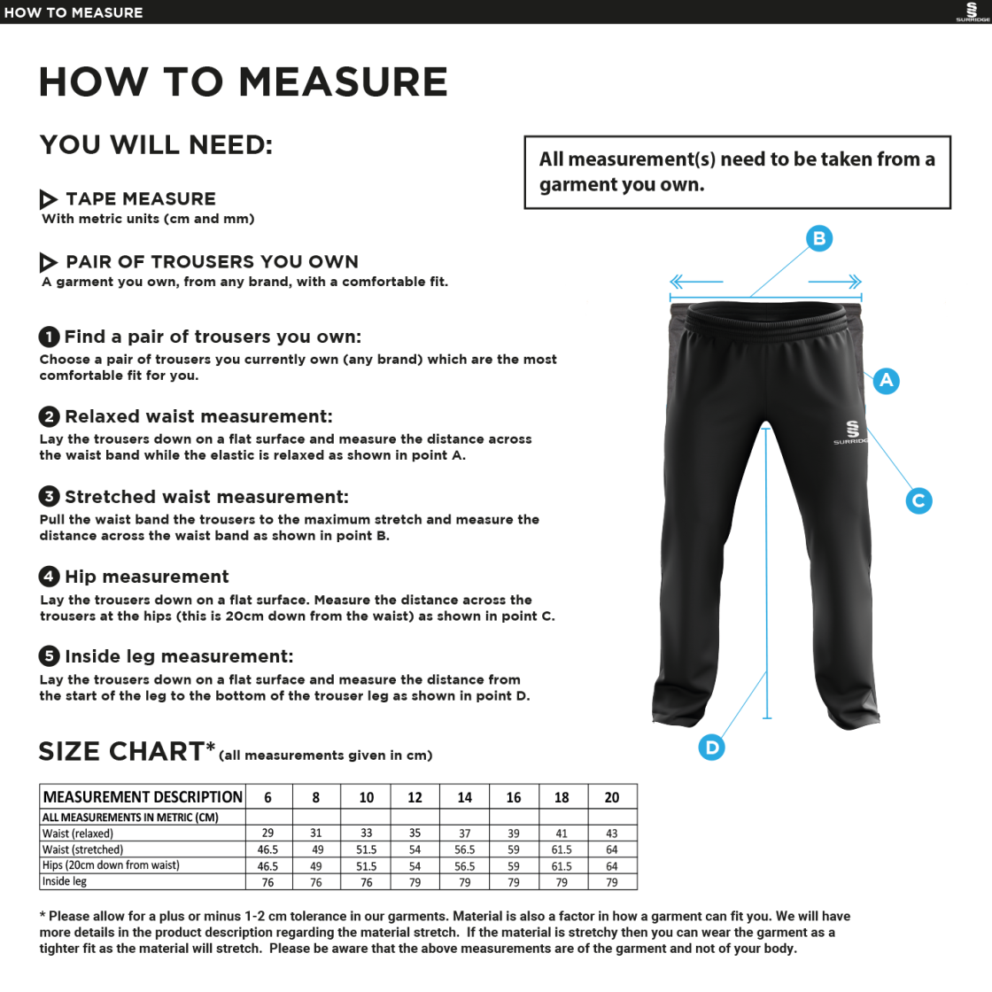 Claverdon CC Women's Poplin Track Pant Black - Size Guide