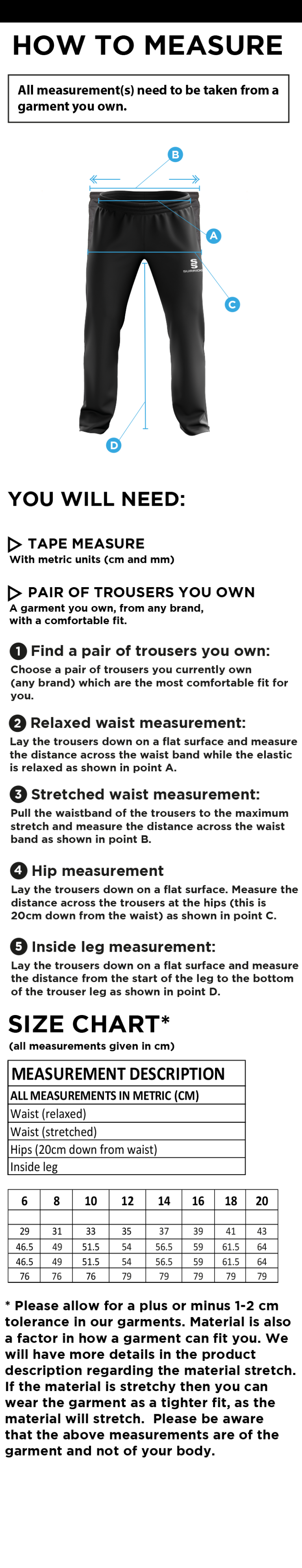 Claverdon CC Women's Poplin Track Pant Black - Size Guide