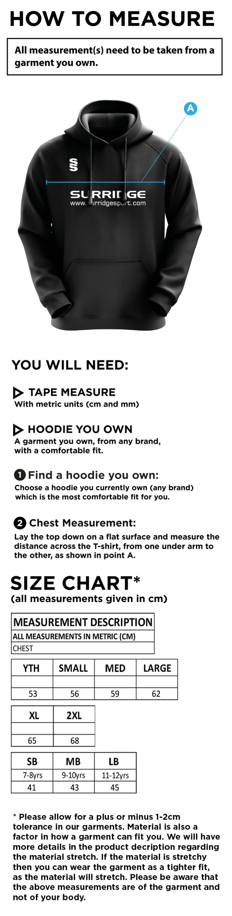Claverdon Cricket Club Blade Hoody - Size Guide