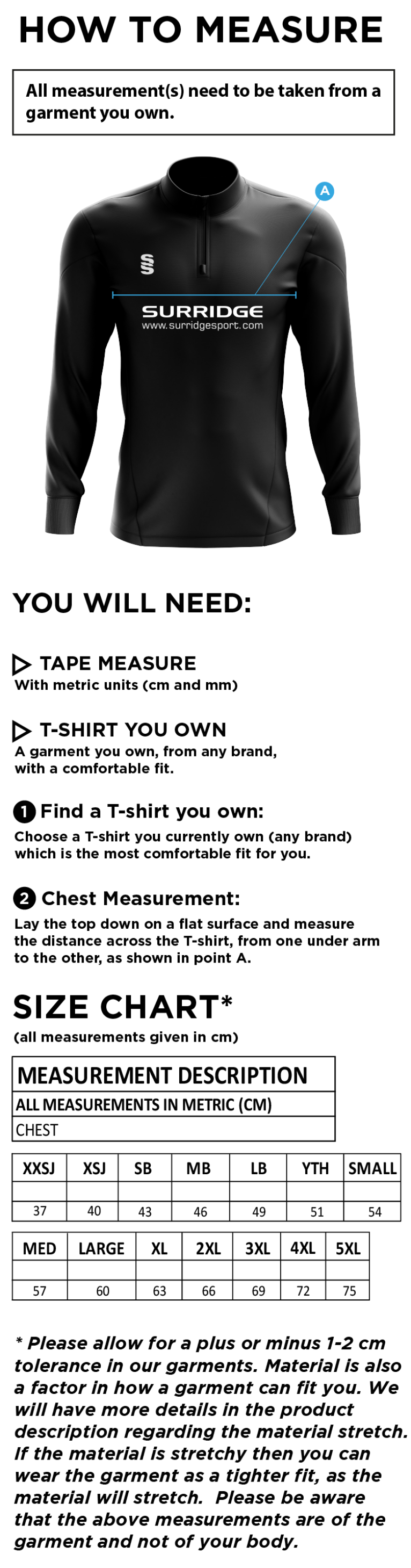 Claverdon Cricket Club Blade Performance Top - Size Guide