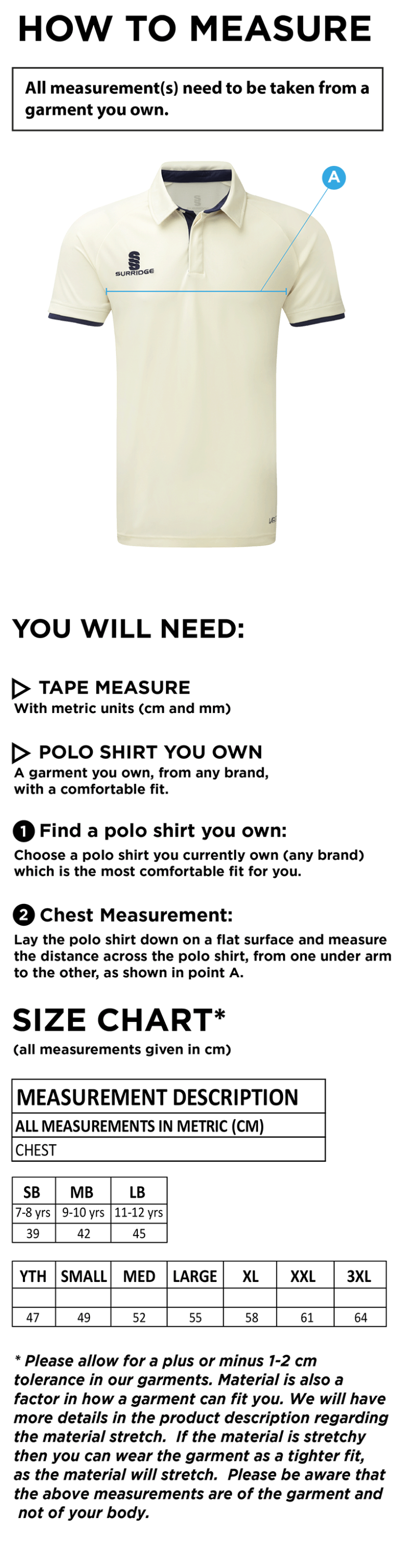 Claverdon Cricket Club S/S Tek Shirt - Size Guide