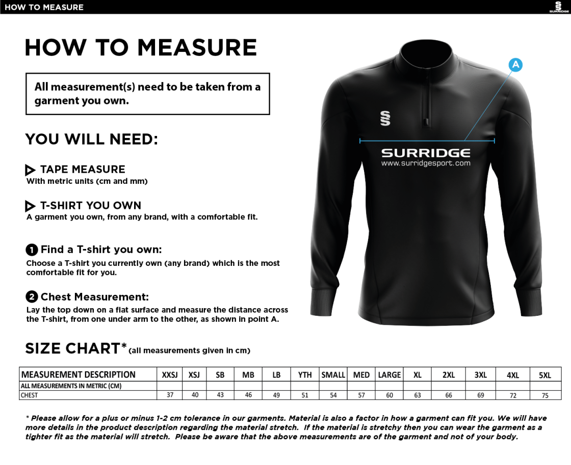 Claverdon Cricket Club Blade Performance Top - Size Guide