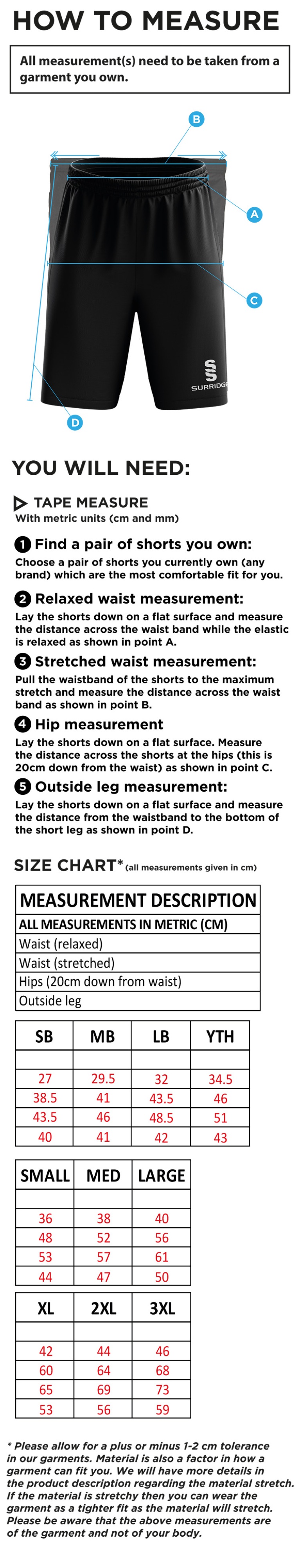 Claverdon Cricket Club Ripstop Training Shorts - Size Guide