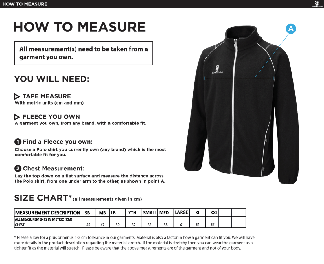 Claverdon CC Full Zip Fleece Jacket Black - Size Guide