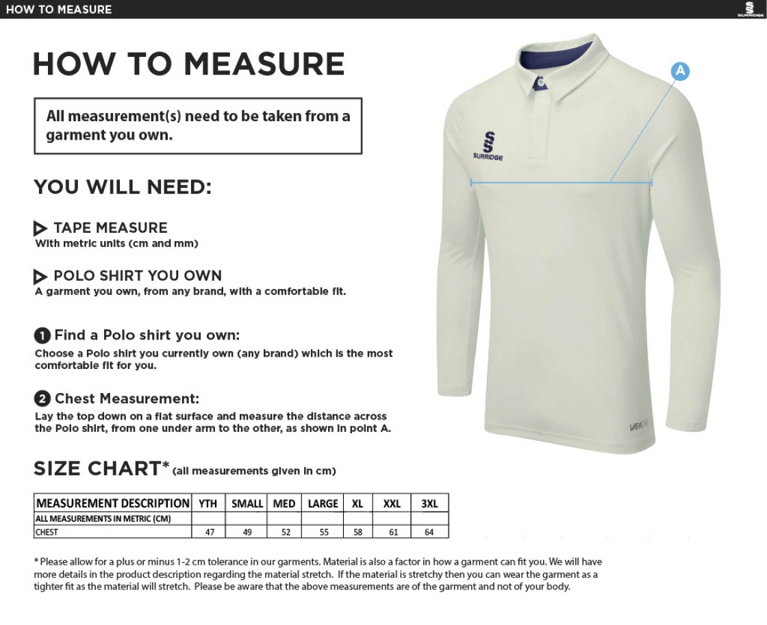 Claverdon Cricket Club L/S Tek shirt - Size Guide