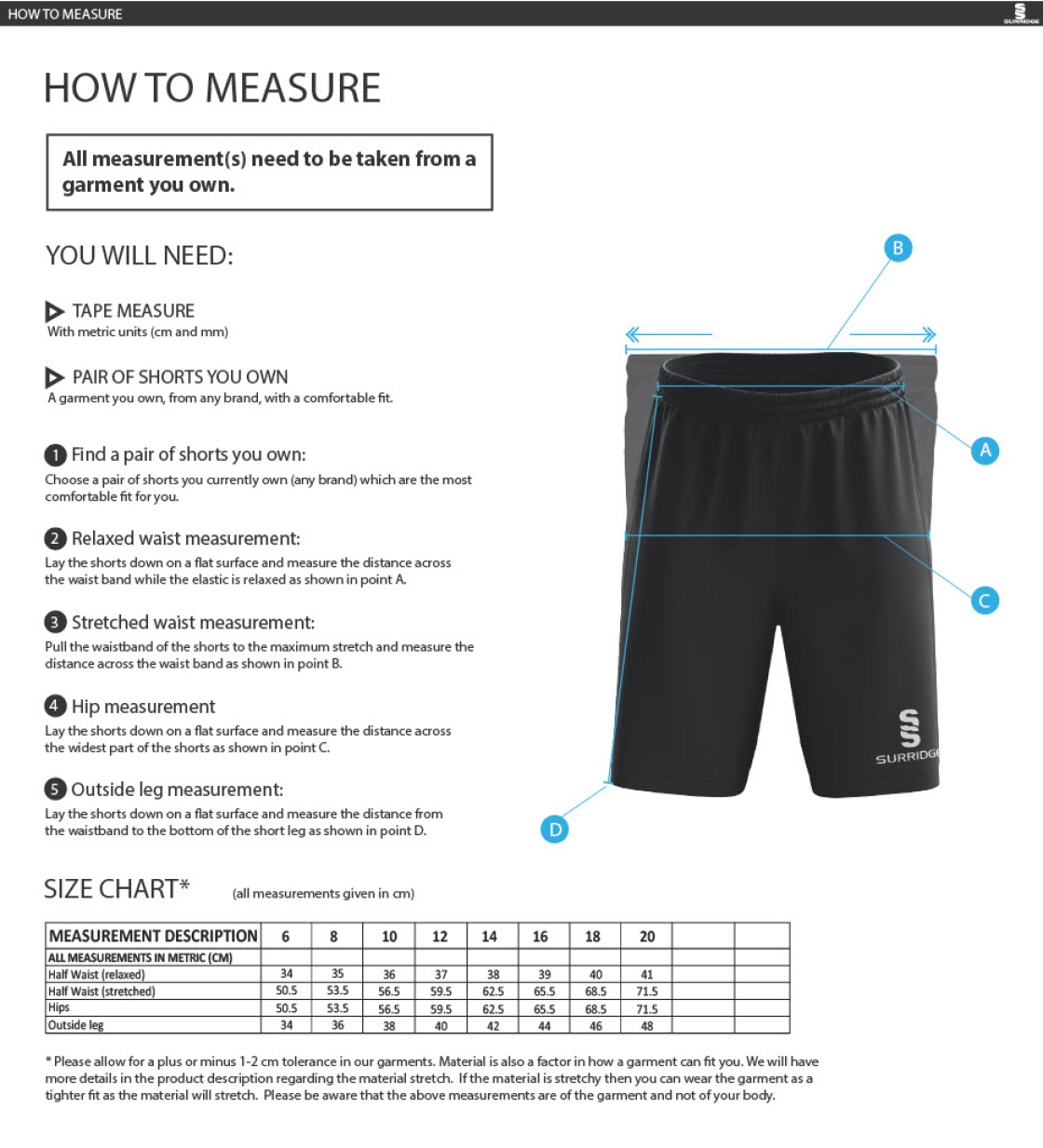Claverdon Cricket Club Women's Ripstop Training Shorts - Size Guide