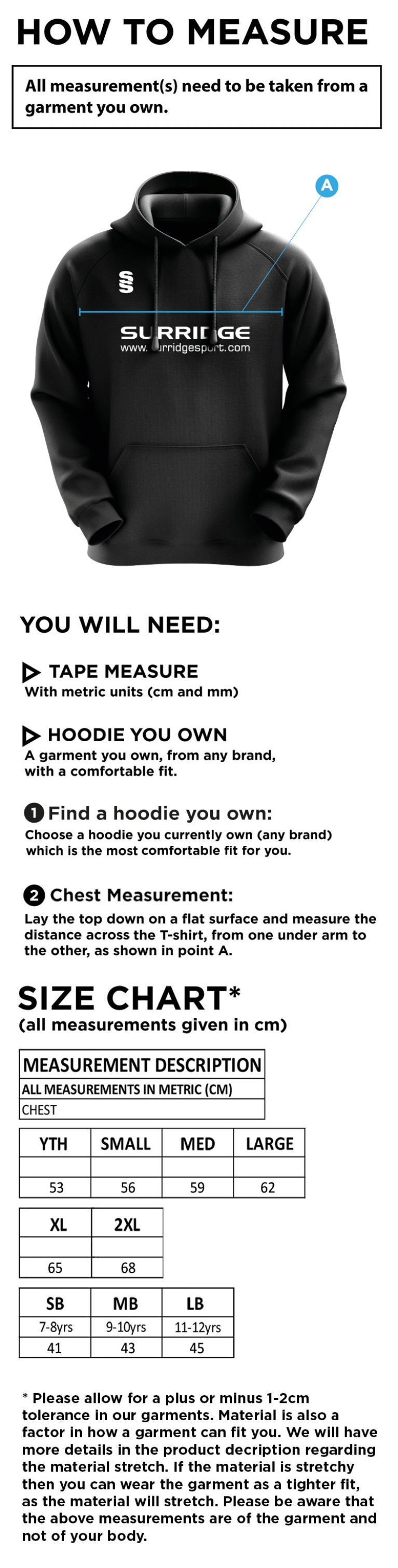 Claverdon Cricket Club Blade Hoody - Size Guide