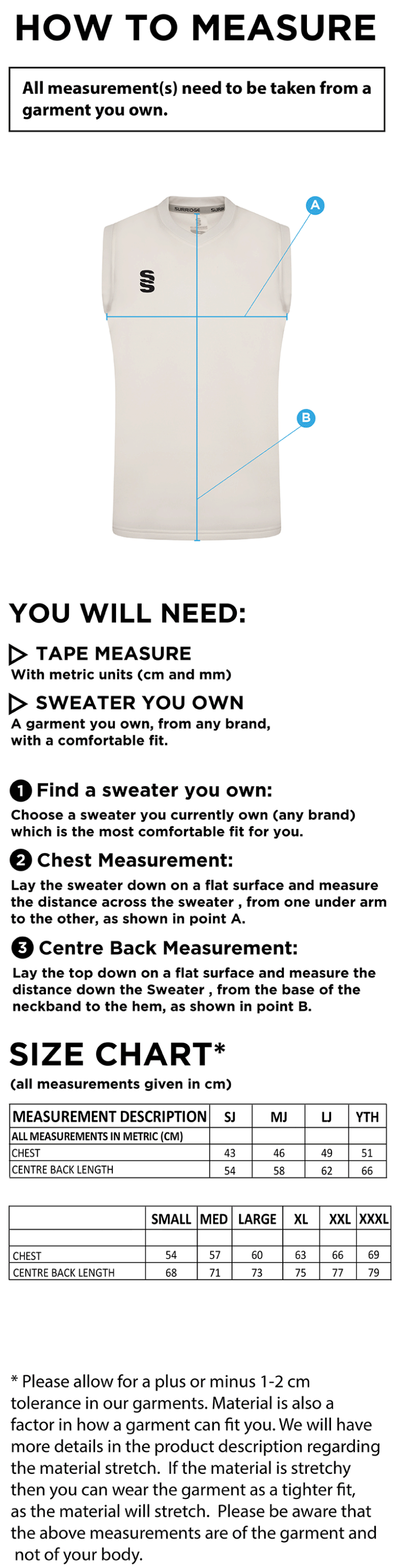 CLAVERDON CC Blast Sleeveless Cricket Sweater - Size Guide