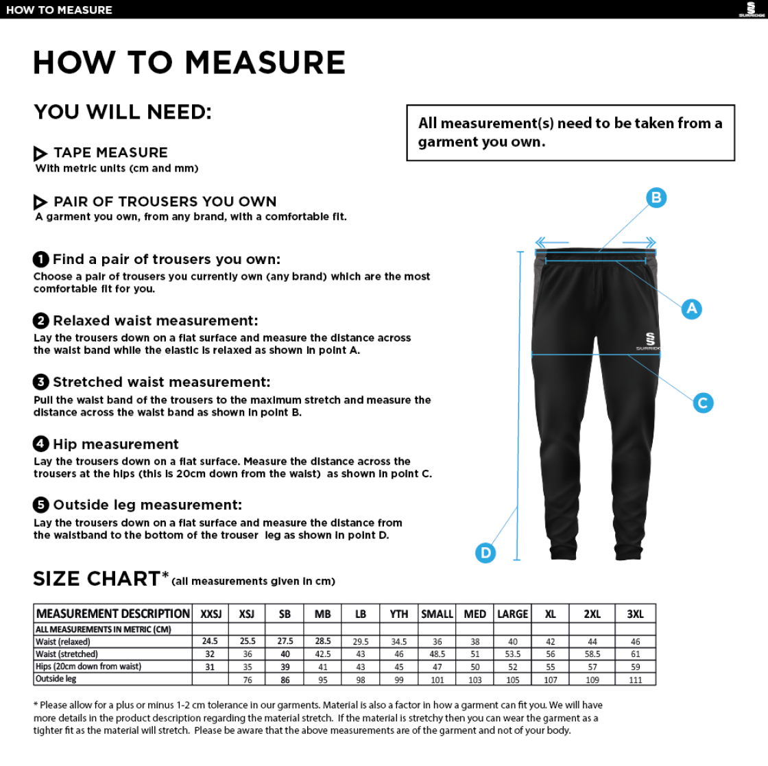 Claverdon Cricket Club Tek Skinny Pants - Size Guide