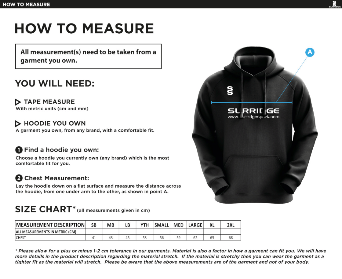 Claverdon Cricket Club Blade Hoody - Size Guide