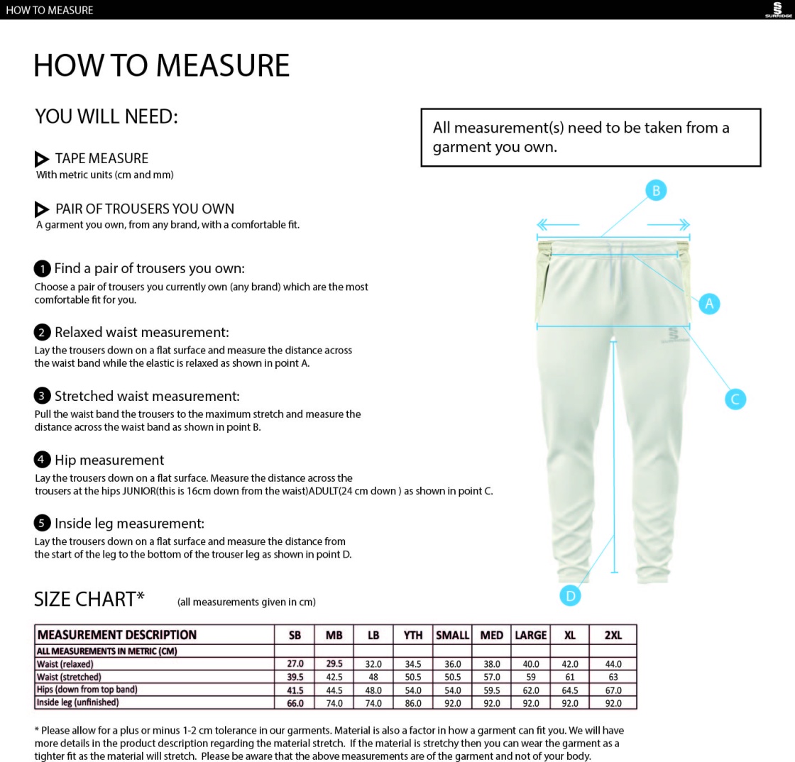 Claverdon Cricket Club Tek Playing Trousers - Size Guide