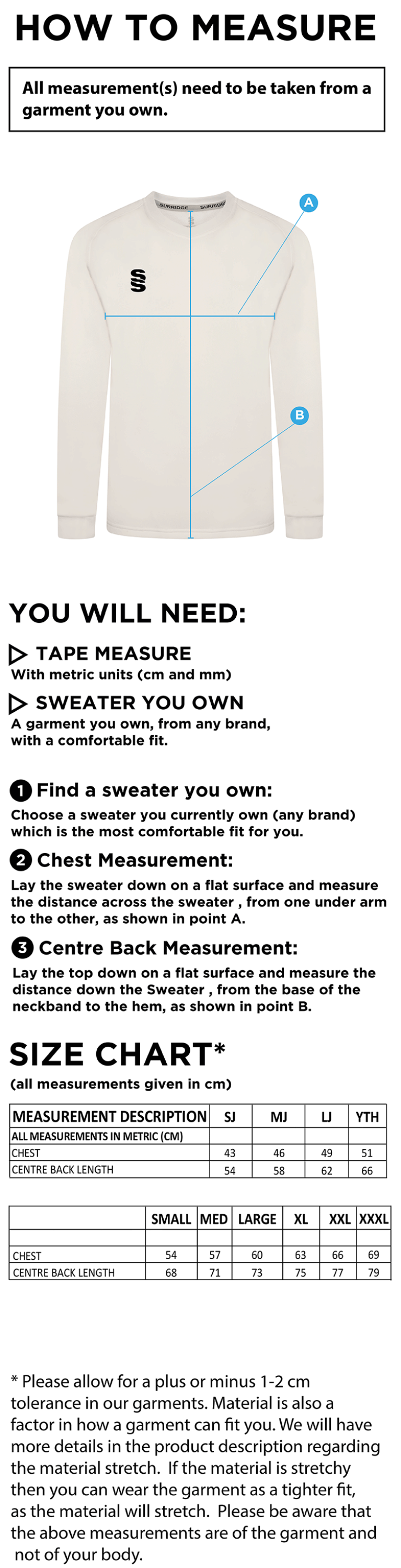 CLAVERDON CC Blast Long Sleeve Cricket Sweater - Size Guide