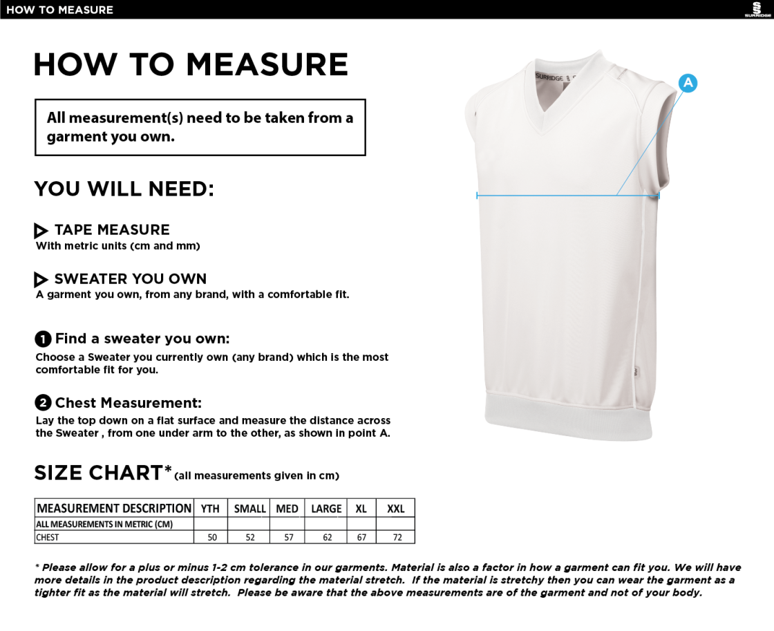 Claverdon Cricket Club Sleeveless Sweater - Size Guide