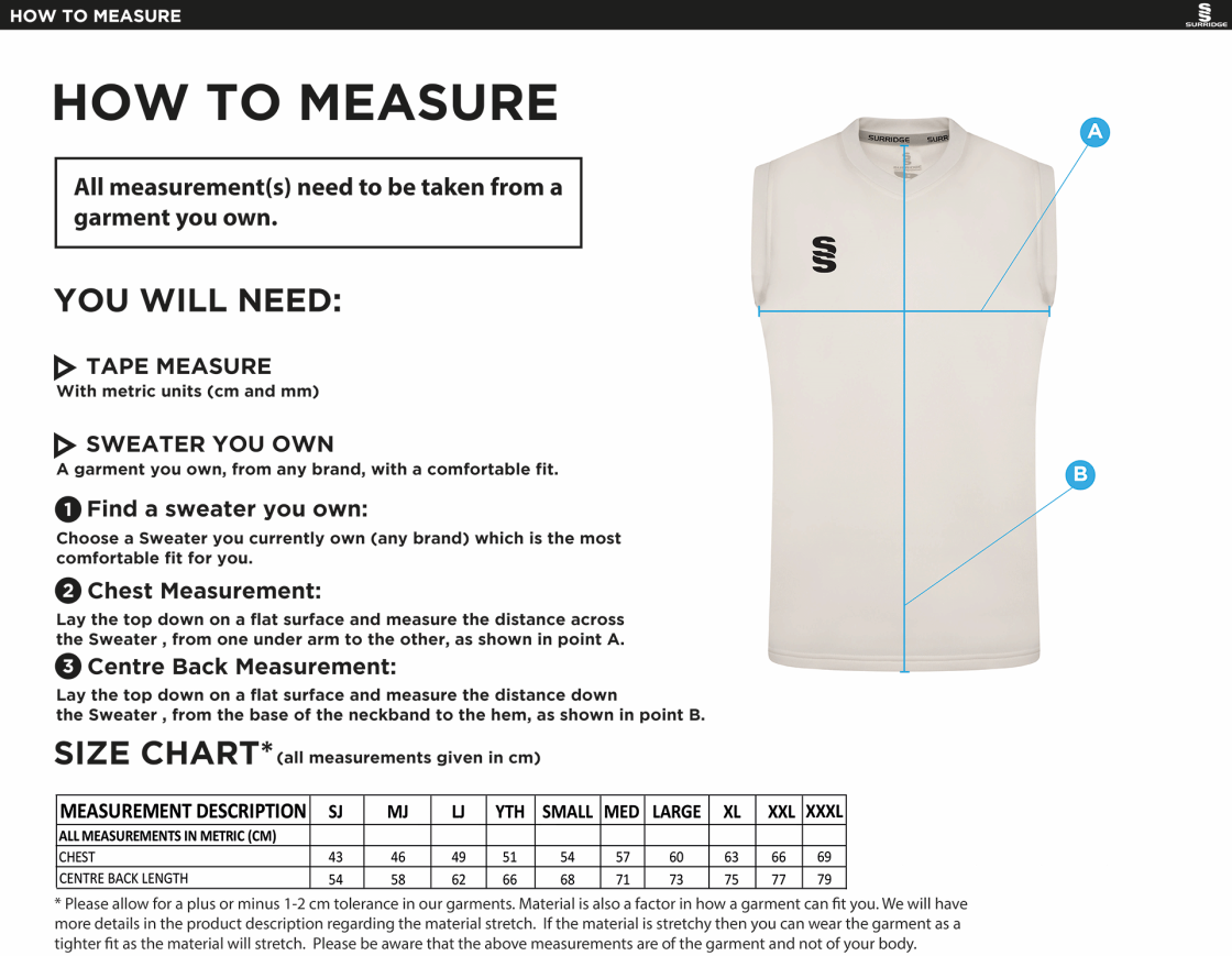 CLAVERDON CC Blast Sleeveless Cricket Sweater - Size Guide