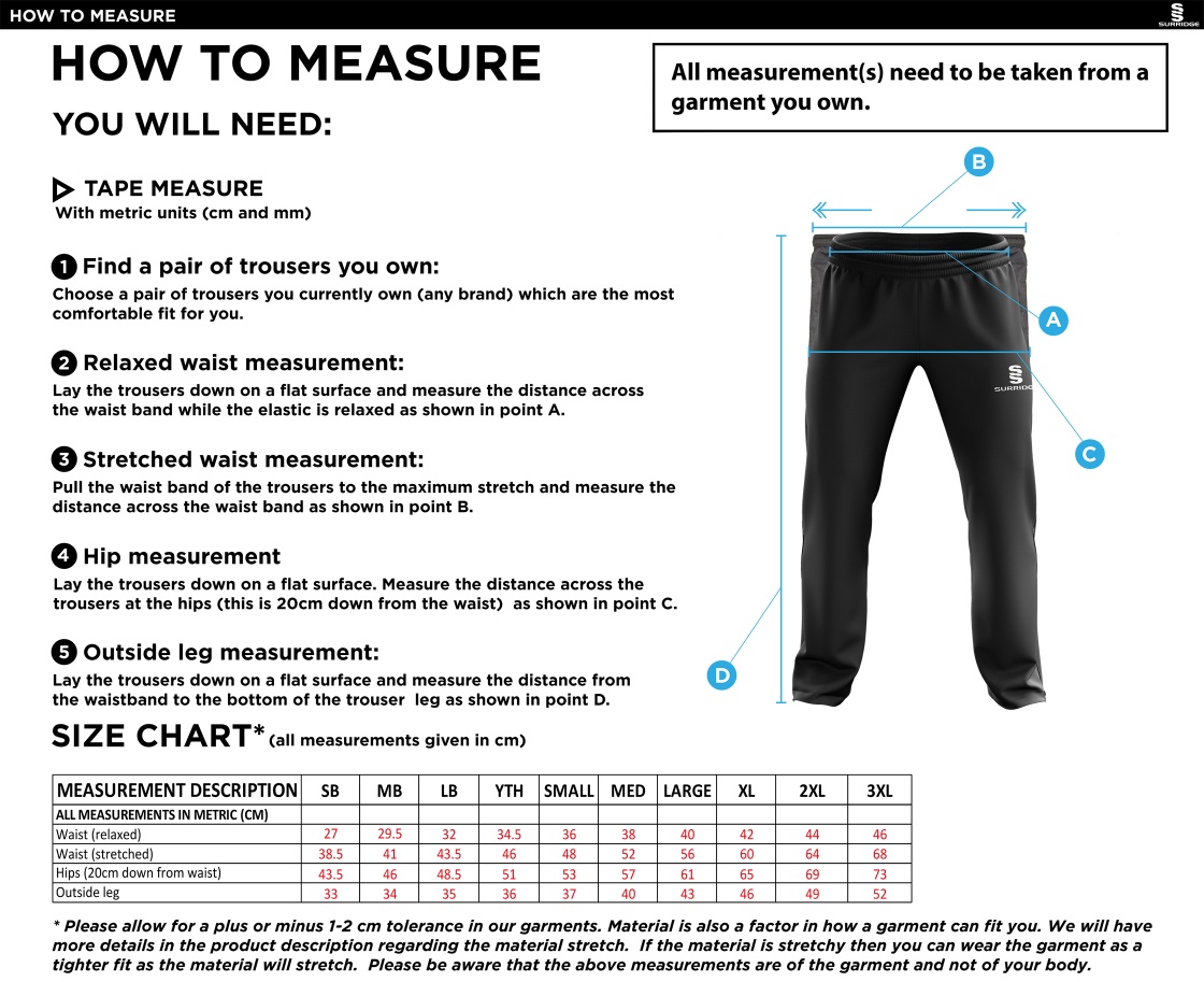 Claverdon CC Ripstop Track Pant Black - Size Guide