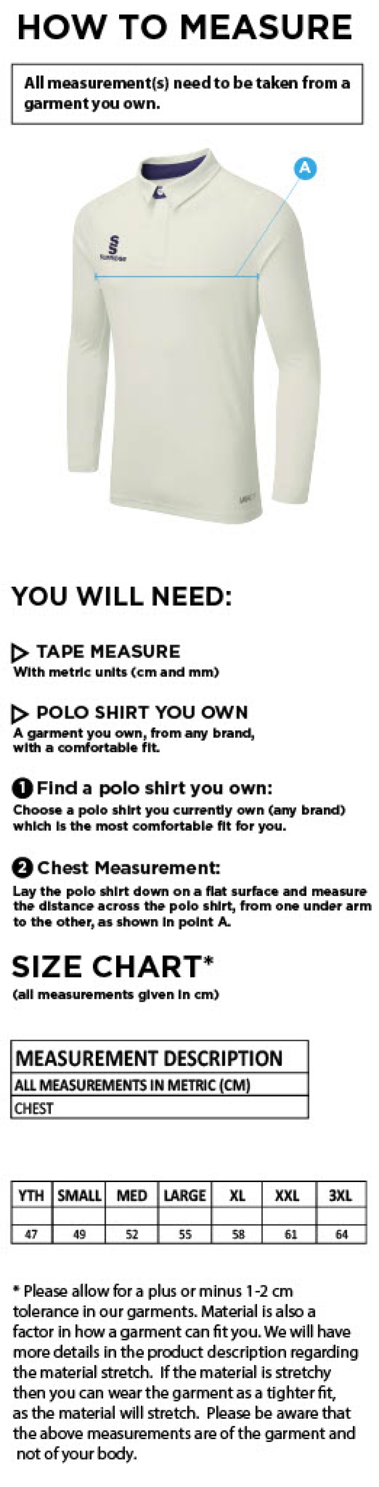 Claverdon Cricket Club L/S Tek shirt - Size Guide