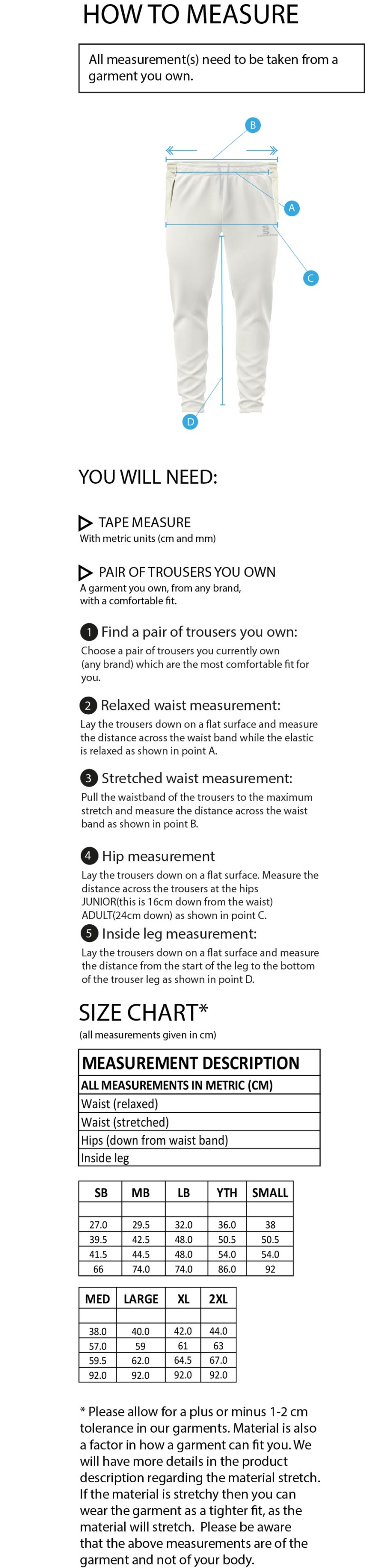 Claverdon Cricket Club Tek Playing Trousers - Size Guide