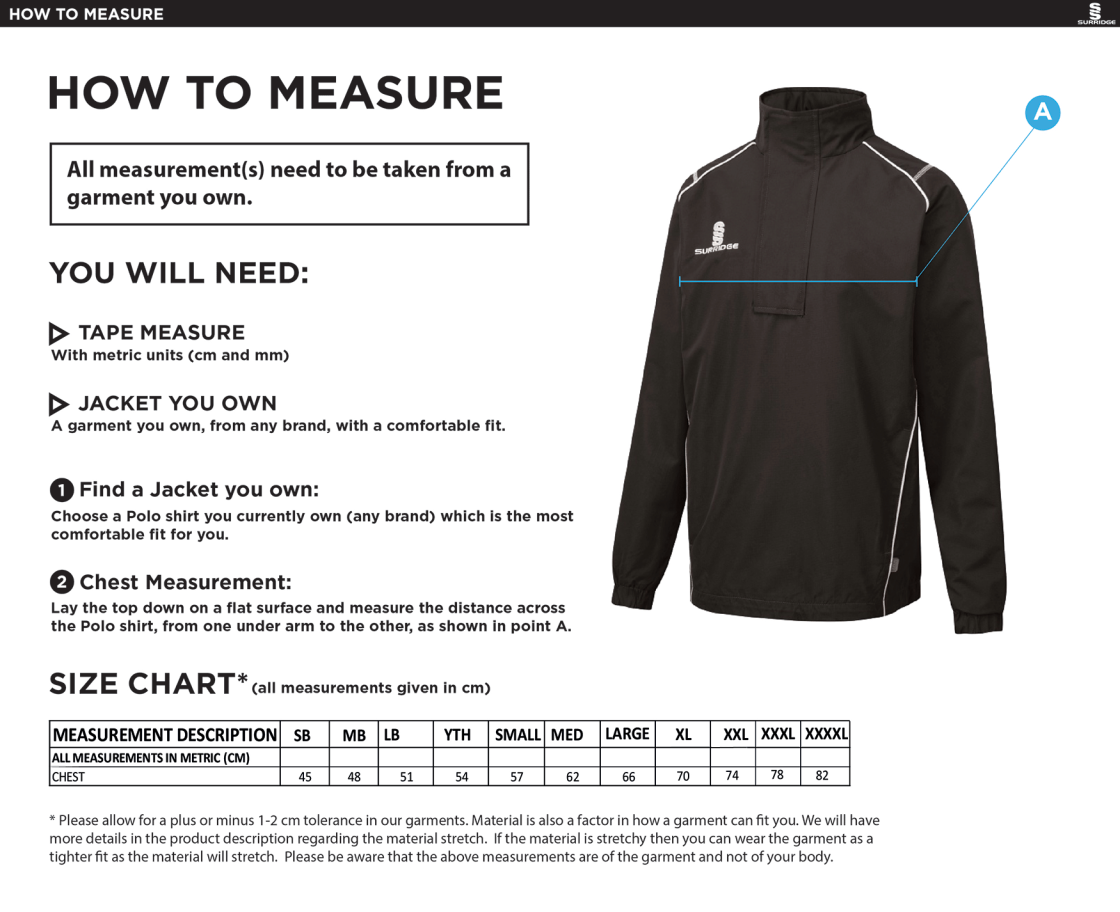 Claverdon CC 1/4 Zip Rain Jacket Black - Size Guide
