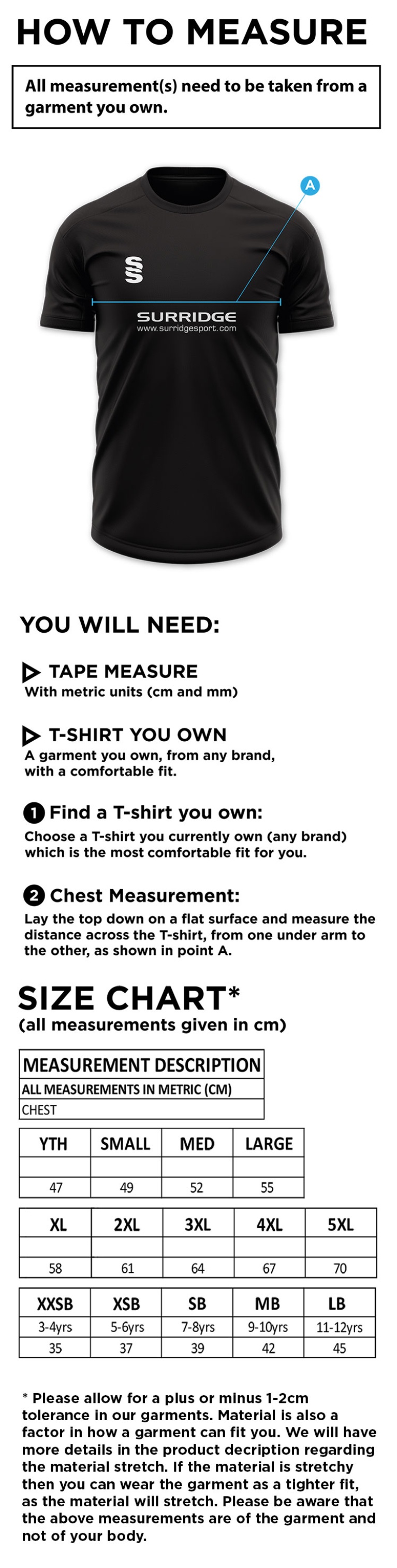 Claverdon Cricket Club blade training shirt - Size Guide