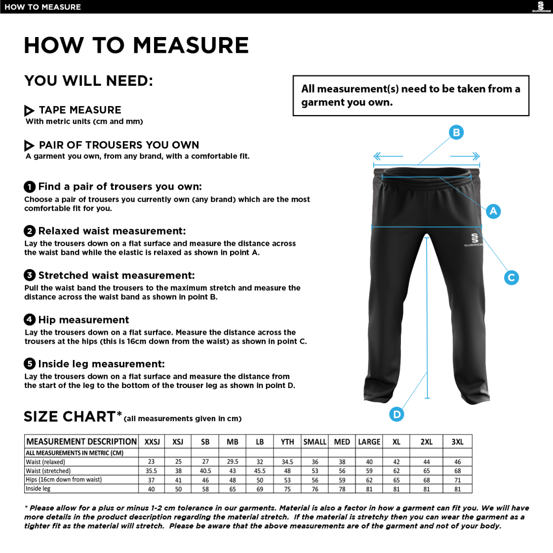 Claverdon CC Poplin Track Pant Black - Size Guide