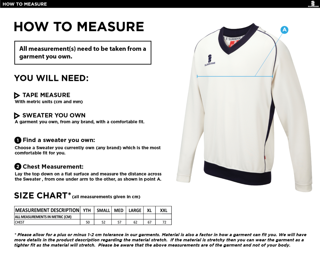 Claverdon Cricket Club Long Sleeve Sweater - Size Guide